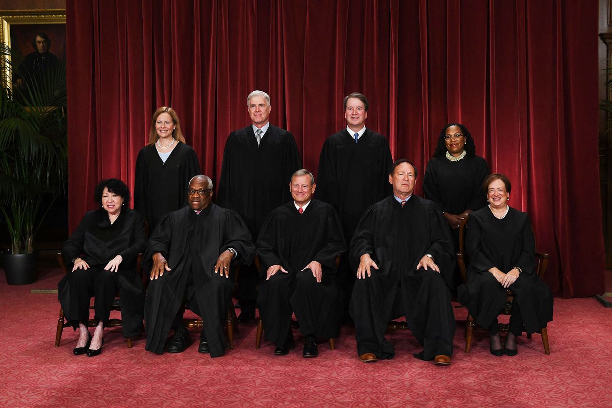 Justices of the US Supreme Court pose for their official photo at the Supreme Court in Washington, DC on October 7, 2022. Associate Justice Sonia Sotomayor, Associate Justice Clarence Thomas, Chief Justice John Roberts, Associate Justice Samuel Alito and Associate Justice Elena Kagan, Associate Justice Amy Coney Barrett, Associate Justice Neil Gorsuch, Associate Justice Brett Kavanaugh and Associate Justice Ketanji Brown Jackson. (OLIVIER DOULIERY/AFP via Getty Images)