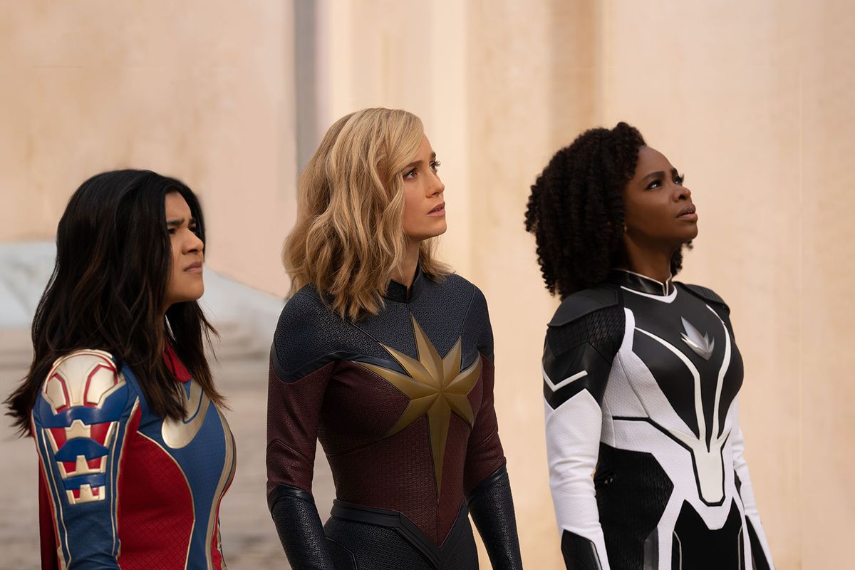 Iman Vellani as Ms. Marvel/Kamala Khan, Brie Larson as Captain Marvel/Carol Danvers, and Teyonah Parris as Captain Monica Rambeau in "The Marvels" (Laura Radford/Marvel)