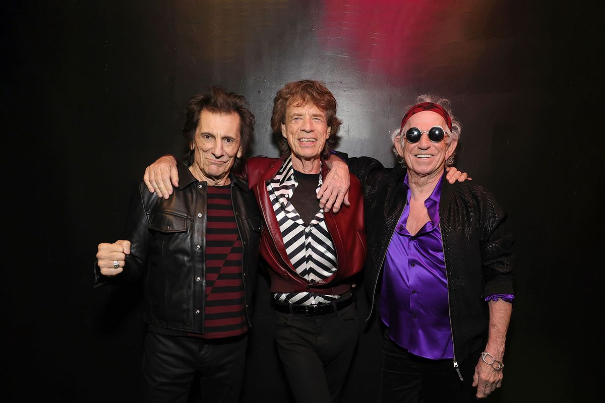 Ronnie Wood, Mick Jagger and Keith Richards backstage before The Rolling Stones surprise set in celebration of their new album “Hackney Diamonds” at Racket NYC on October 19, 2023 in New York City. (Kevin Mazur/Getty Images for RS)