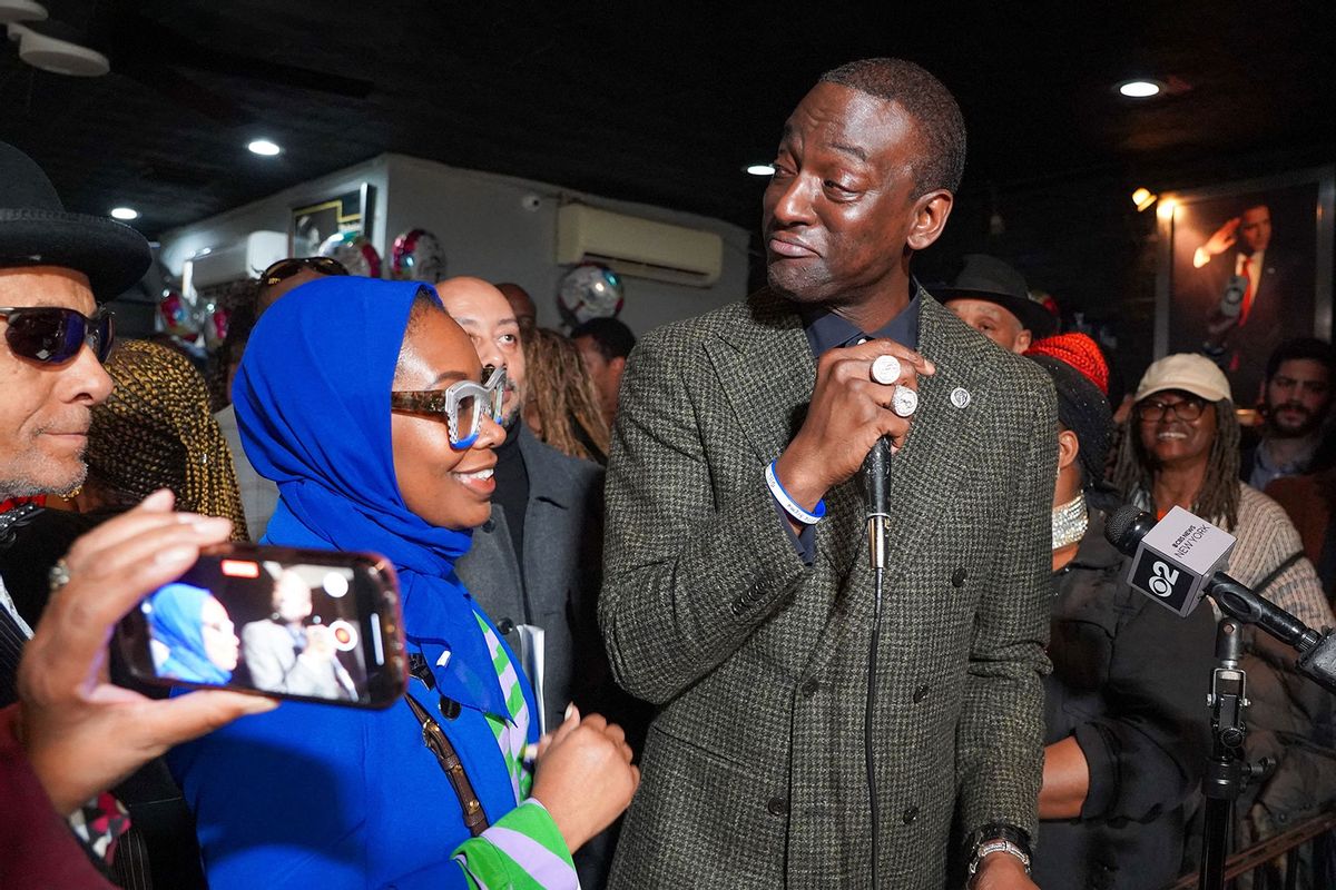 Yusef Salaam, exonerated 'Central Park Five' member, speaks to supporters and the media after winning a New York City Council seat during a watch party at "Just Lorraine's Place 2" bar in Harlem, New York on November 7, 2023. (CECILIA SANCHEZ/AFP via Getty Images)
