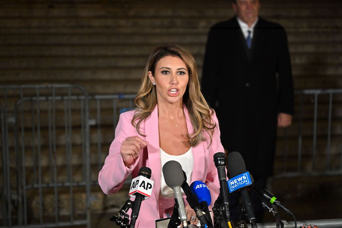 Former President Donald Trump's lawyer Alina Habba talks to the media outside the New York State Supreme Court on December 07, 2023 in New York City. (James Devaney/GC Images/Getty Images)