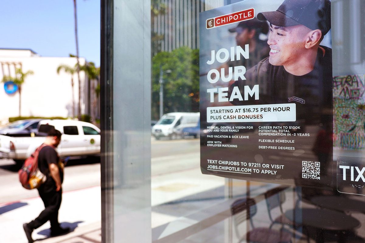 A 'Join Our Team' sign is displayed outside a Chipotle location on June 2, 2023 in Los Angeles, California. (Mario Tama/Getty Images)