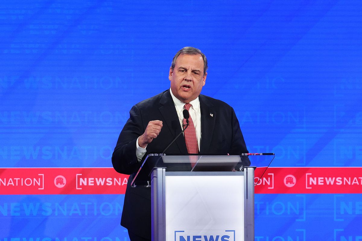 Republican presidential candidate former New Jersey Gov. Chris Christie delivers his closing statement during the NewsNation Republican Presidential Primary Debate at the University of Alabama Moody Music Hall on December 6, 2023 in Tuscaloosa, Alabama. (Justin Sullivan/Getty Images)
