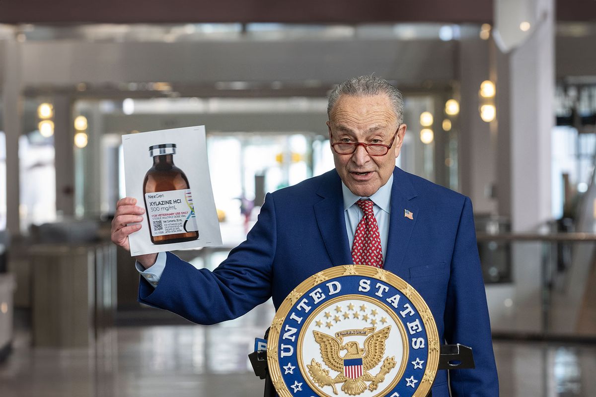 U. S. Senator Charles Schumer speaks while holding photo of bottle with drug Xylazine during the briefing at 875 3rd Avenue lobby in Manhattan on drug Xylazine linked to overdose deaths. (Lev Radin/Pacific Press/LightRocket via Getty Images)