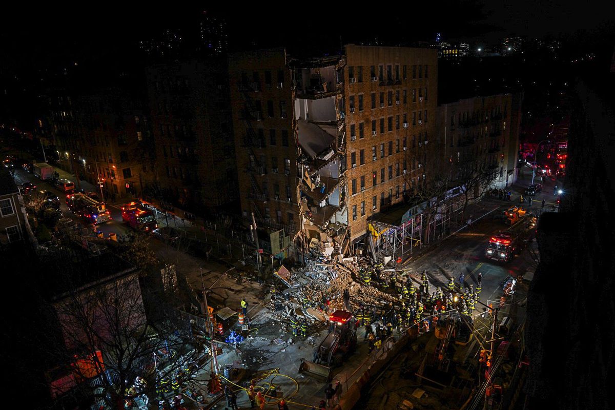 First responders survey the scene where a massive part of a seven-story building in the Bronx collapsed earlier this week. (Photo courtesy of Benny Polatseck/NYC Mayoral Photography Office)