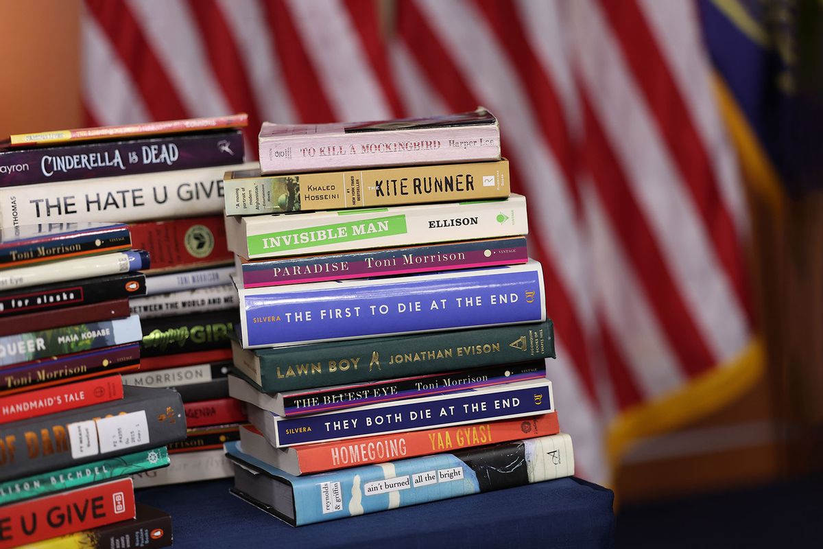 Copies of banned books from various states and school systems from around the county are seen during a press conference by U.S. House Democratic Leader Hakeem Jeffries (D-NY) at the U.S. Capitol on March 24, 2023 in Washington, DC. (Kevin Dietsch/Getty Images)