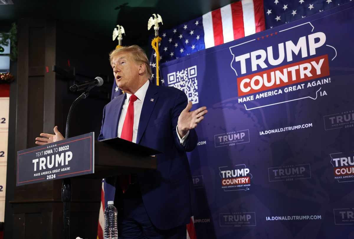 Republican presidential candidate former President Donald Trump speaks at a campaign event at the Whiskey River bar on December 02, 2023 in Ankeny, Iowa. (Scott Olson/Getty Images)