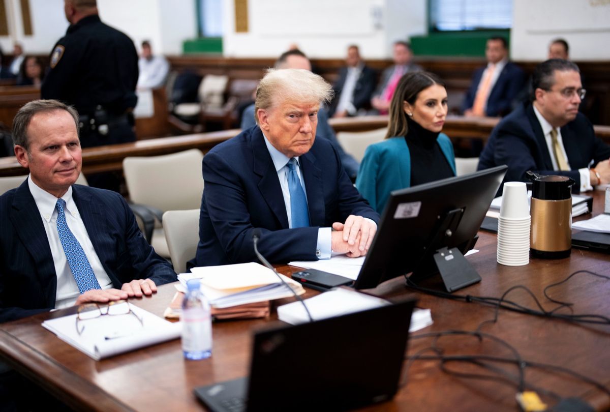 Former President Donald Trump sits in the courtroom with attorneys Christopher Kise (L) and Alina Habba during his civil fraud trial at New York State Supreme Court on October 18, 2023 in New York City.  (Doug Mills-Pool/Getty Images)