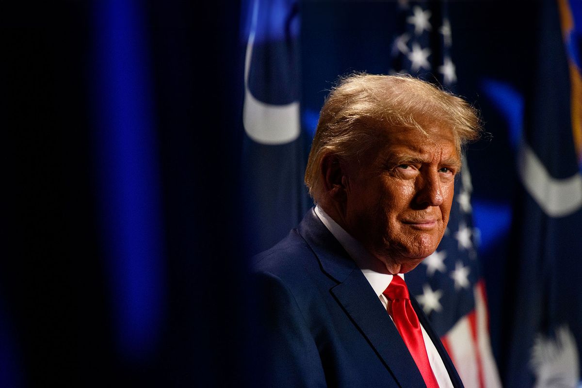 Former President Donald Trump pauses for cheers from the crowd before speaking as the keynote speaker at the 56th Annual Silver Elephant Dinner hosted by the South Carolina Republican Party on August 5, 2023 in Columbia, South Carolina. (Melissa Sue Gerrits/Getty Images)