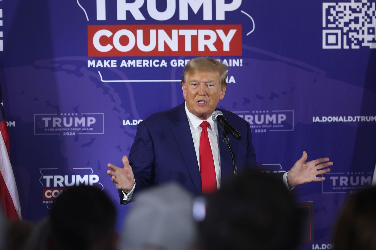 Republican presidential candidate former President Donald Trump speaks at a commit to caucus campaign event at the Whiskey River bar on December 02, 2023 in Ankeny, Iowa. (Scott Olson/Getty Images)