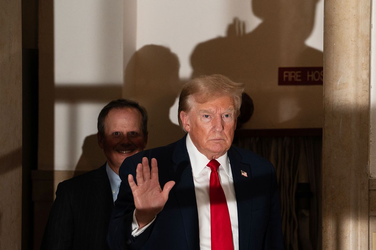 Former U.S. President Donald Trump returns from a court recess and speaks to the media during his trial in New York State Supreme Court on December 7, 2023 in New York City. (David Dee Delgado/Getty Images)