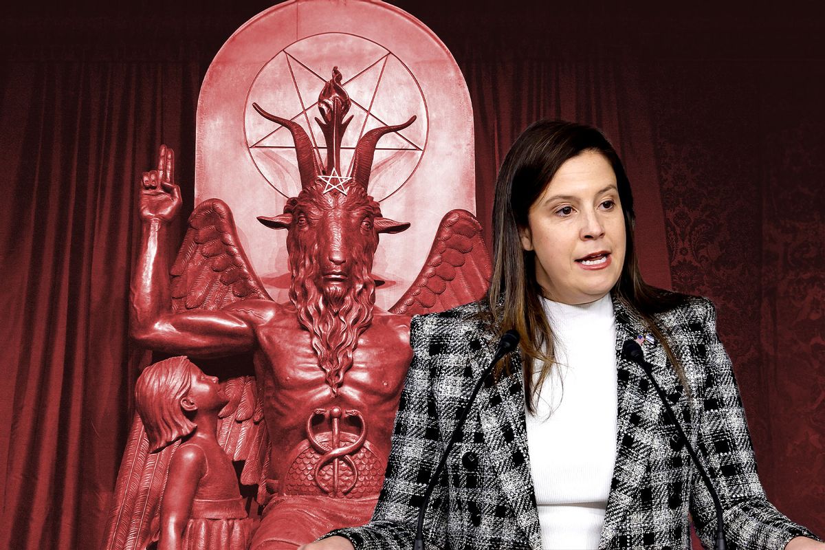 U.S. House Republican Conference Chair Rep. Elise Stefanik (R-NY) | The Baphomet statue is seen in the conversion room at the Satanic Temple in Salem, Massachusett (Photo illustration by Salon/Getty Images)