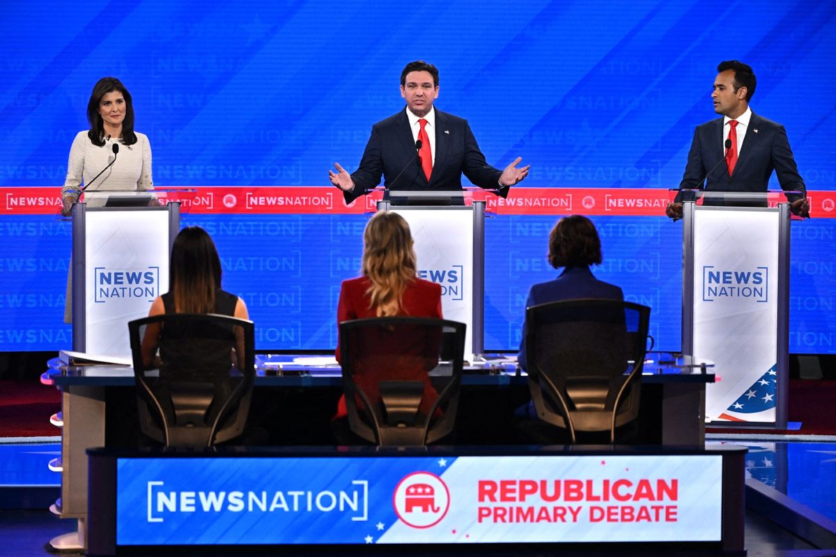 (From L) Former Governor from South Carolina and UN ambassador Nikki Haley, Florida Governor Ron DeSantis and entrepreneur Vivek Ramaswamy participate in the fourth Republican presidential primary debate at the University of Alabama in Tuscaloosa, Alabama, on December 6, 2023. (JIM WATSON/AFP via Getty Images)
