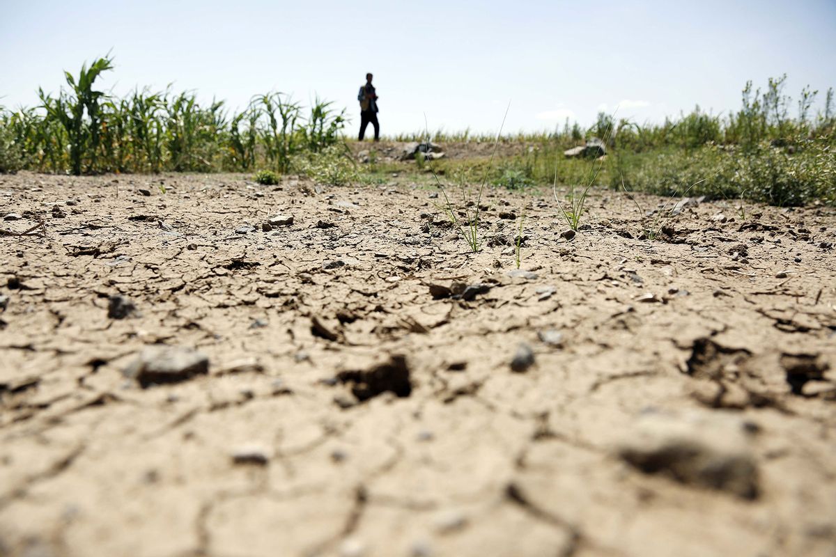 A view of dried soil after the rising temperatures attributed to climate change have resulted in a reduction of water levels in wells and reservoirs across Sanaa, Yemen on August 26, 2023. (Mohammed Hamoud/Anadolu Agency via Getty Images)