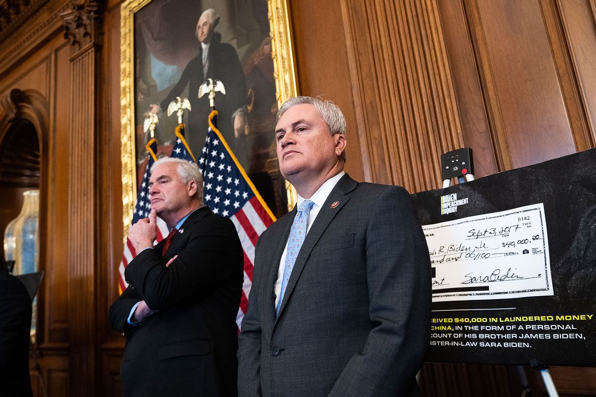 Rep. James Comer, R-Ky., right, and House Majority Whip Tom Emmer, R-Minn., attend a news conference on the impeachment inquiry of President Joe Biden in the U.S. Capitol on Wednesday, November 29, 2023. (Tom Williams/CQ-Roll Call, Inc via Getty Images)