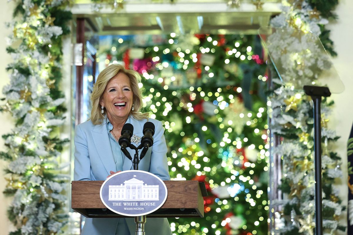 First lady Jill Biden speaks about the holiday season and unveils the White House holiday decor while thanking volunteers who helped set it up, at the White House on November 27, 2023 in Washington, DC. (Kevin Dietsch/Getty Images)