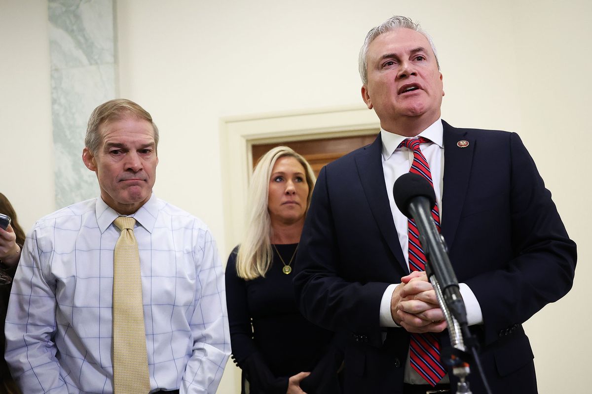House Oversight and Accountability Committee Chairman James Comer (R-KY), joined by House Judiciary Committee Chairman Jim Jordan (R-OH) and Rep. Marjorie Taylor Greene (R-GA), speaks to the media in the Rayburn House Office Building on December 13, 2023 in Washington, DC. (Kevin Dietsch/Getty Images)