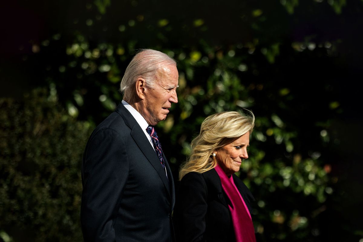 President Joe Biden and First Lady Jill Biden walk out of the South Portico towards Marine One on the South Lawn of the White House on November 11, 2023 in Washington, DC. (Samuel Corum/Getty Images)