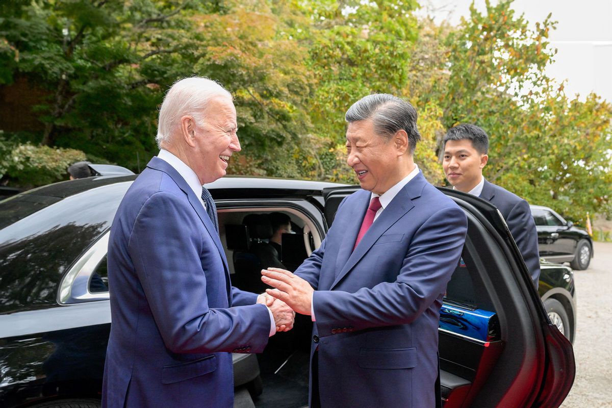 U.S. President Joe Biden escorts Chinese President Xi Jinping to his car to bid farewell after their talks in the Filoli Estate in the U.S. state of California, Nov. 15, 2023. (Li Xueren/Xinhua via Getty Images)