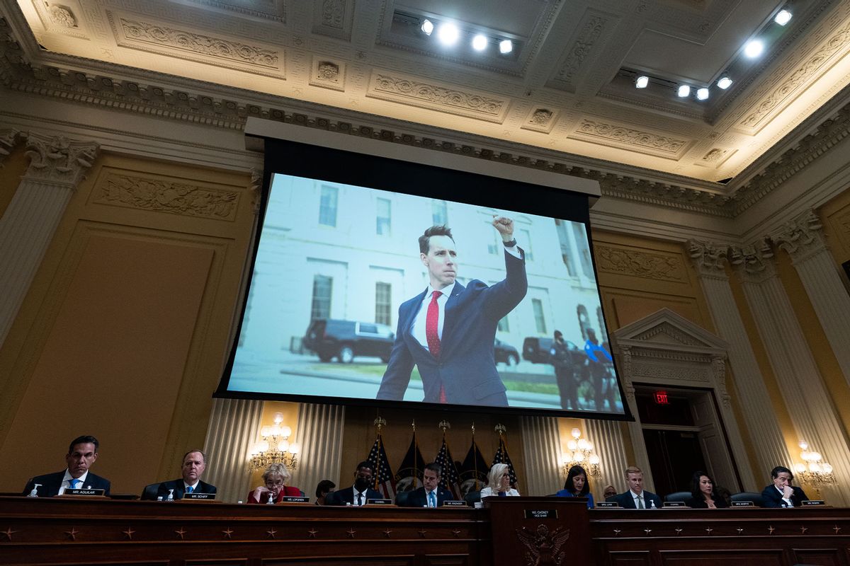 The photo of Sen. Josh Hawley, R-Mo., raising his fist on January 6th is shown during the Select Committee to Investigate the January 6th Attack on the US Capitol hearing in Washington on Thursday, July 21, 2022. (Bill Clark/CQ-Roll Call, Inc via Getty Images)