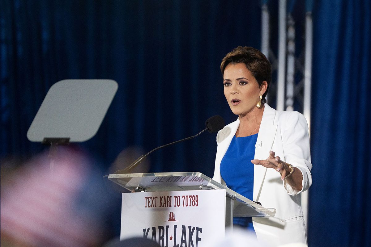 Former Arizona Republican gubernatorial candidate Kari Lake announces her bid for the seat of U.S. Sen. Kyrsten Sinema (I-AZ) at JetSet Magazine on October 10, 2023 in Scottsdale, Arizona. Former President Donald Trump gave his endorsement of Lake through a pre-recorded video during the rally. (Photo by  (Rebecca Noble/Getty Images)