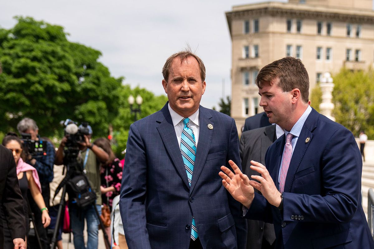 Texas Attorney General Ken Paxton leaves a news conference in front of the Supreme Court of the United States on Tuesday, April 26, 2022 in Washington, DC. (Kent Nishimura / Los Angeles Times via Getty Images)