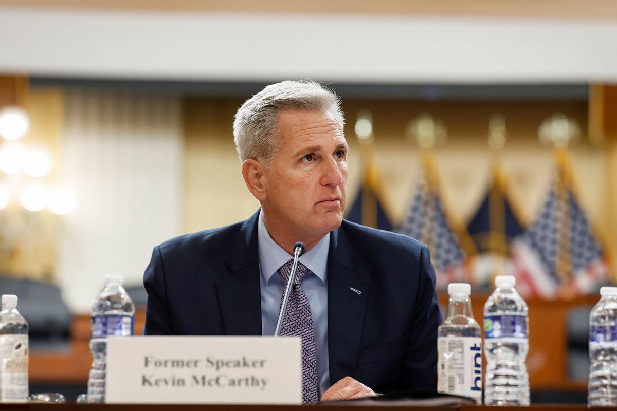 Former Speaker of the House Rep. Kevin McCarthy (R-CA) listens during a press conference with members of the House Select Committee on the Chinese Communist Party at the Cannon House Office Building on November 15, 2023 in Washington, DC. (Anna Moneymaker/Getty Images)