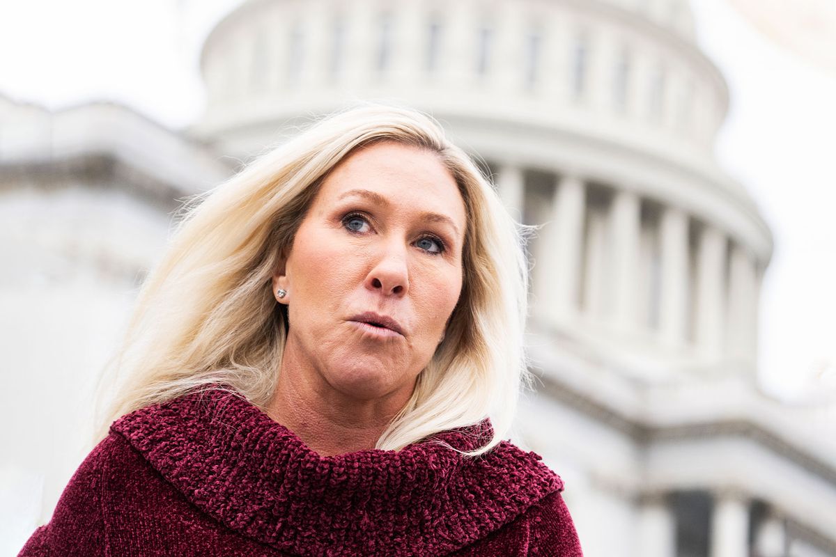 Rep. Marjorie Taylor Greene, R-Ga., is seen outside the U.S. Capitol after last votes of the week on Thursday, December 7, 2023. (Tom Williams/CQ-Roll Call, Inc via Getty Images)