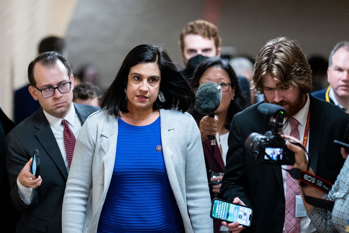 Rep. Nicole Malliotakis, R-N.Y., leaves the House Republicans' caucus meeting in the Capitol on Thursday, October 12, 2023. GOP House members were meeting to try to find agreement on a new Speaker of the House. (Bill Clark/CQ-Roll Call, Inc via Getty Images)