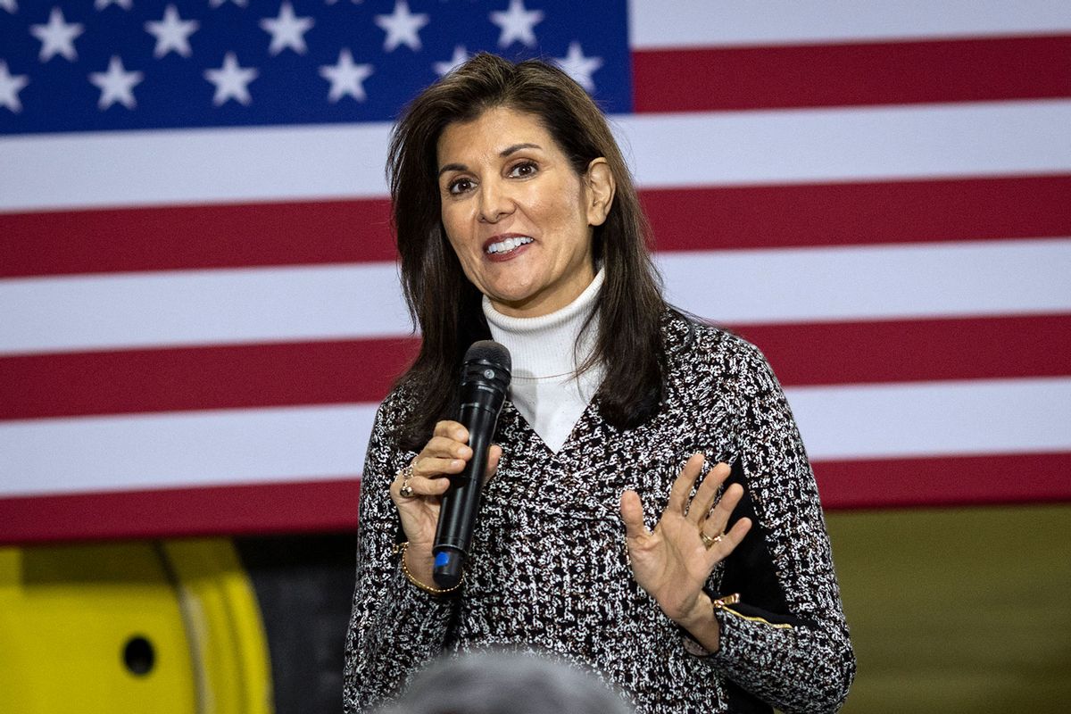 Former UN ambassador and 2024 presidential hopeful Nikki Haley speaks during a Town Hall event in Agency, Iowa, on December 19, 2023. (CHRISTIAN MONTERROSA/AFP via Getty Images)
