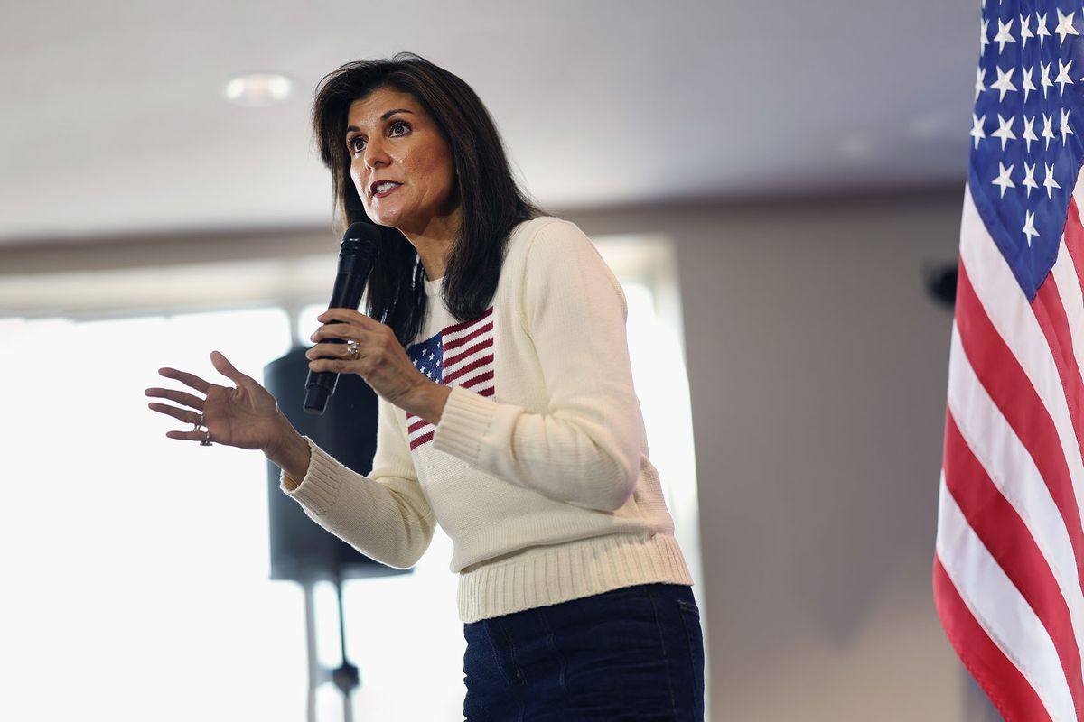 Republican presidential candidate former U.N. Ambassador Nikki Haley addresses the crowd during a campaign stop at the Nevada Fairgrounds community building on December 18, 2023 in Nevada, Iowa. (Scott Olson/Getty Images)