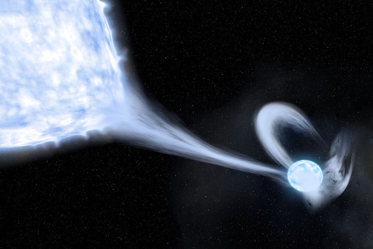 Visualization of a binary star experiencing mass transfer. (Institute of Science and Technology Austria/Ylva Götberg)