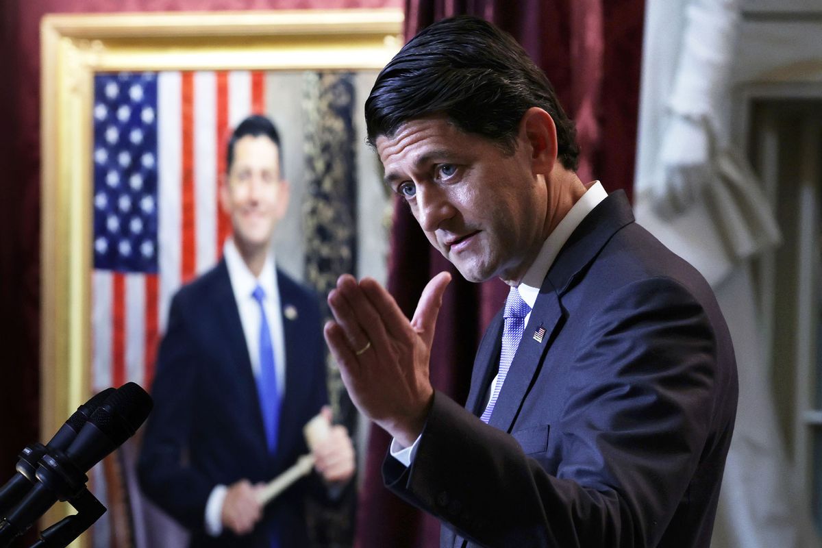 Former U.S. Speaker of the House and former Rep. Paul Ryan (R-WI) speaks next to a portrait of himself during a portrait unveiling ceremony in Statuary Hall at the U.S. Capitol on May 17, 2023 in Washington, DC. (Alex Wong/Getty Images)