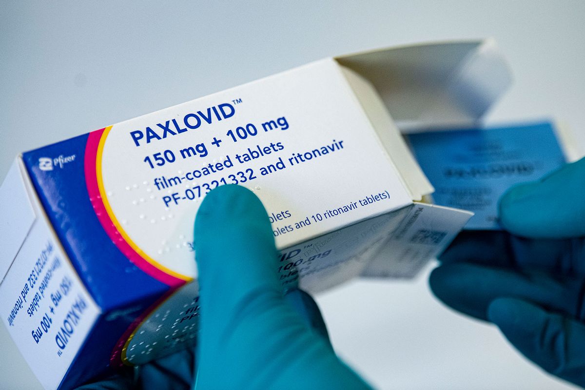 A person holds the drug Paxlovid from the US pharmaceutical company Pfizer against Covid-19 (Fabian Sommer/picture alliance via Getty Images)