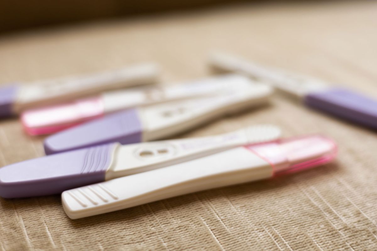 Assortment of used at-home pregnancy tests (Getty Images/Catherine McQueen)