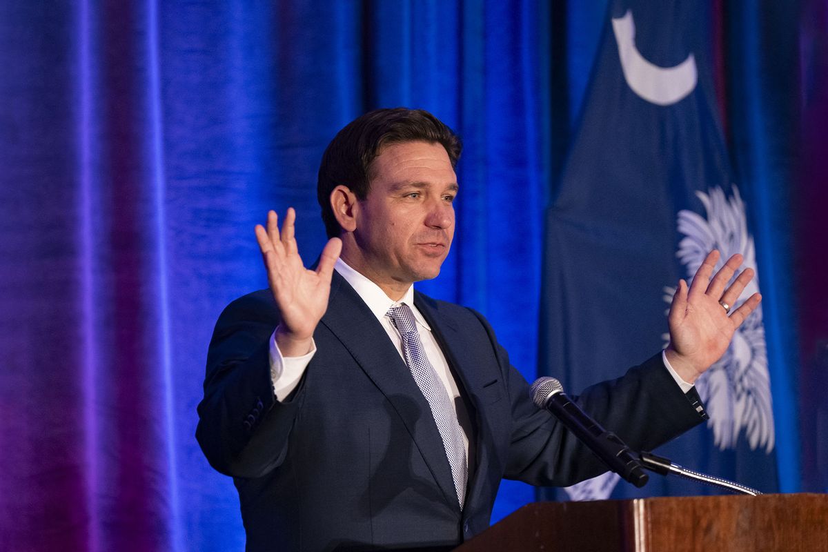 Republican presidential candidate Florida Gov. Ron DeSantis delivers remarks at the Citadel Republican Society Patriot Dinner in Charleston, South Carolina, United States on December 01, 2023. (Allison Joyce/Anadolu via Getty Images)