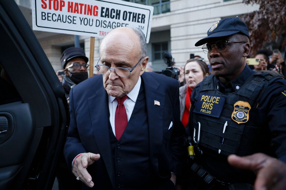 Rudy Giuliani, the former personal lawyer for former U.S. President Donald Trump, departs from the E. Barrett Prettyman U.S. District Courthouse after a verdict was reached in his defamation jury trial on December 15, 2023 in Washington, DC.  (Anna Moneymaker/Getty Images)