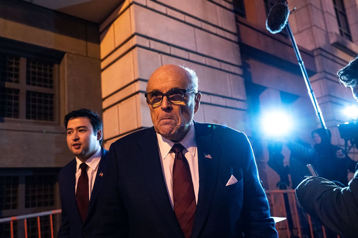 Rudy Giuliani, the former personal lawyer for former U.S. President Donald Trump, speaks to the press as he leaves the E. Barrett Prettyman U.S. District Courthouse on December 11, 2023 in Washington, DC. (Drew Angerer/Getty Images)