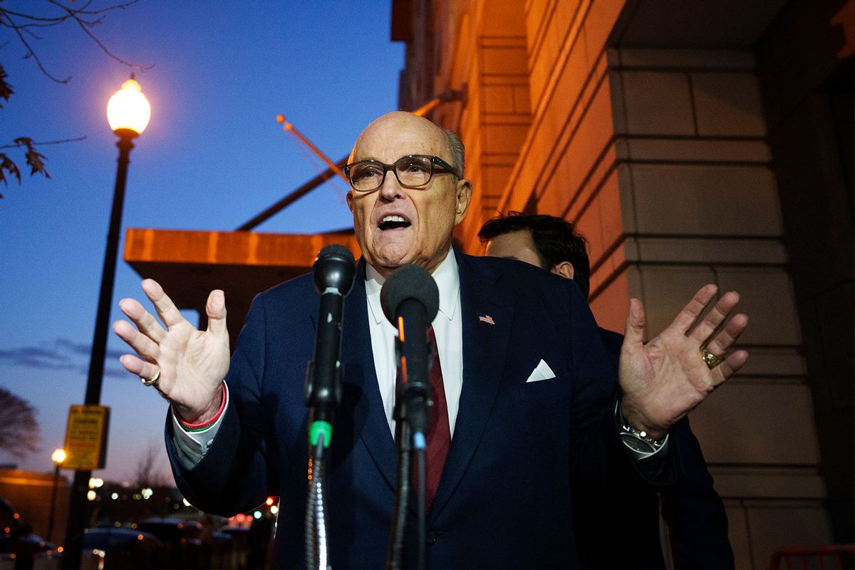 Rudy Giuliani, the former personal lawyer for former U.S. President Donald Trump, speaks to the press as he leaves the E. Barrett Prettyman U.S. District Courthouse on December 11, 2023 in Washington, DC. (Drew Angerer/Getty Images)