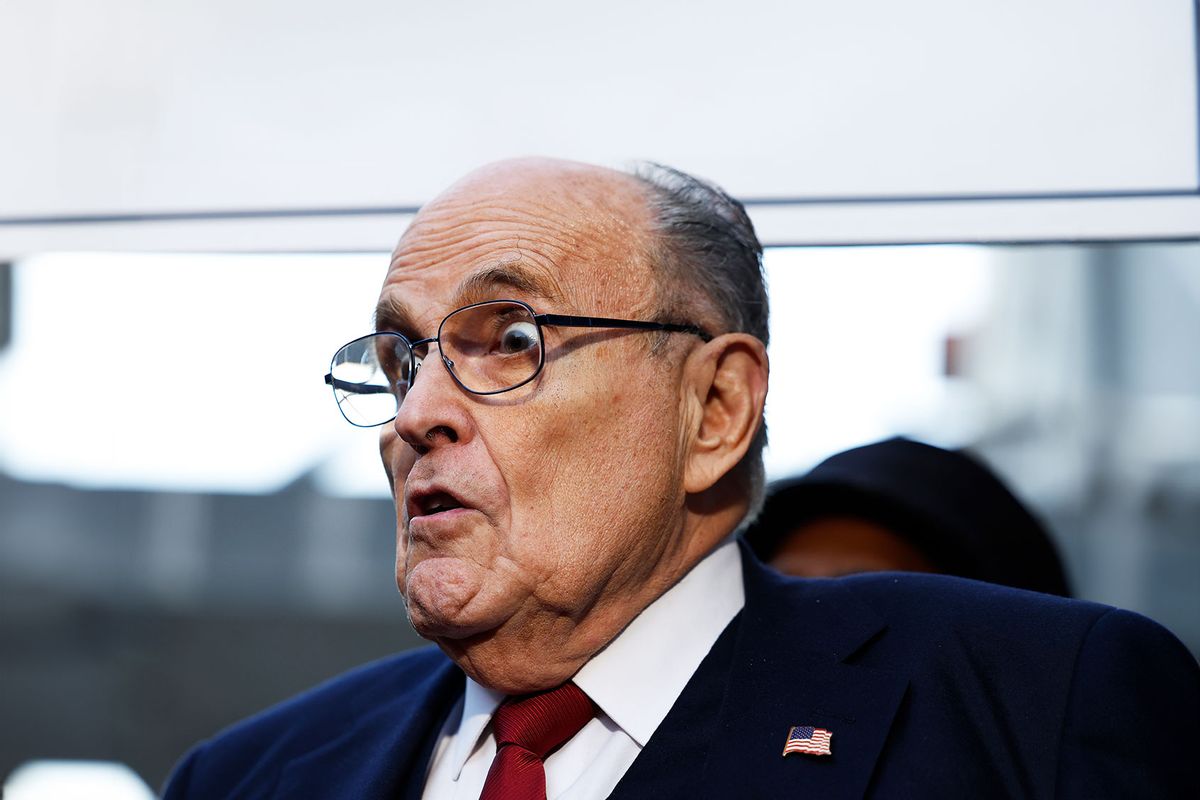 Rudy Giuliani, the former personal lawyer for former U.S. President Donald Trump, speaks with reporters outside of the E. Barrett Prettyman U.S. District Courthouse after a verdict was reached in his defamation jury trial on December 15, 2023 in Washington, DC. (Anna Moneymaker/Getty Images)