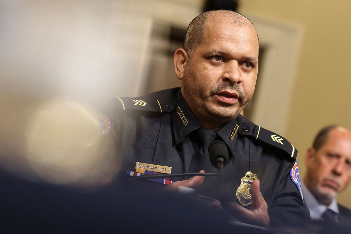 U.S. Capitol Police officer Sgt. Aquilino Gonell testifies before the House Select Committee investigating the January 6 attack on the U.S. Capitol on July 27, 2021 at the Cannon House Office Building in Washington, DC. (Oliver Contreras-Pool/Getty Images)