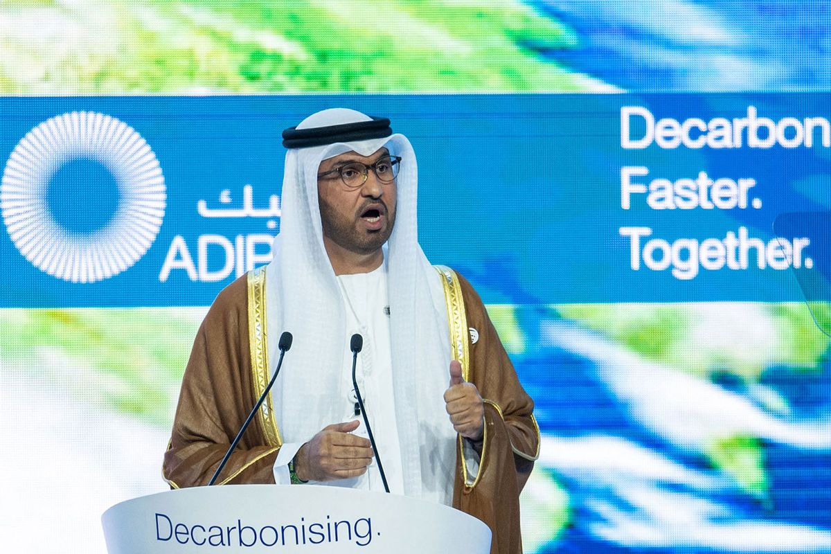 The president of the upcoming COP28 climate change Sultan Ahmed al-Jaber speaks during the Abu Dhabi International Petroleum Exhibition at ADNEC Exhibition Center October 2, 2023. (RYAN LIM/AFP via Getty Images)