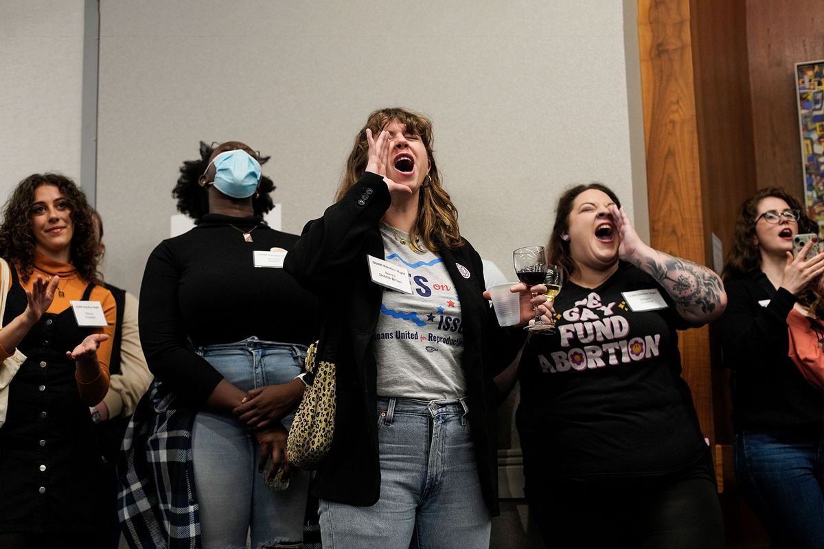 Supporters of Ohio Issue 1 cheer at a watch party hosted by Ohioans United for Reproductive Rights on November 7, 2023 in Columbus, Ohio. 2023 Ohio Issue 1, officially titled "The Right to Reproductive Freedom with Protections for Health and Safety," would codify reproductive rights in the Ohio Constitution, including contraception, fertility treatment and the right to abortion up to the point of fetal viability while permitting restrictions after. (Andrew Spear/Getty Images)