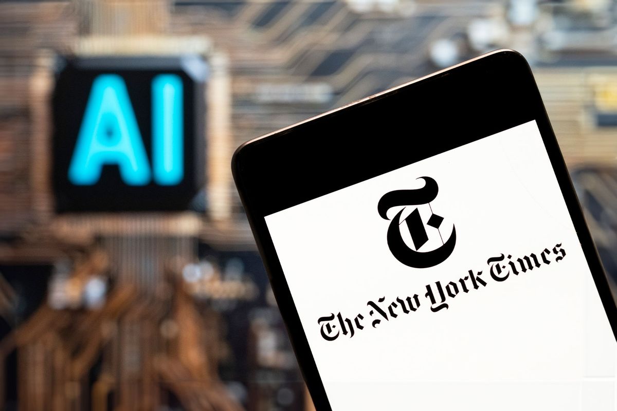 In this photo illustration, the American newspaper The New York Times (NYT) logo seen displayed on a smartphone with an Artificial intelligence (AI) chip and symbol in the background. (Budrul Chukrut/SOPA Images/LightRocket via Getty Images)