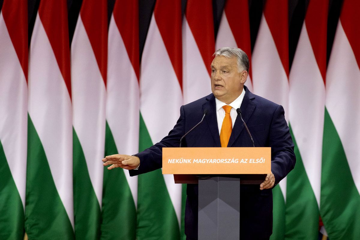 Hungarian Prime Minister Viktor Orban speaks during a congress of Fidesz party in Budapest, Hungary, on Nov. 18, 2023. (Attila Volgyi/Xinhua via Getty Images)