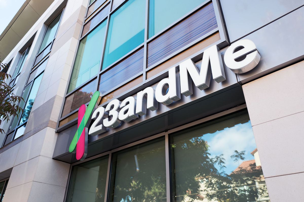 Low-angle view of logo on facade of personal genomics company 23AndMe in the Silicon Valley town of Mountain View, California, October 28, 2018. (Smith Collection/Gado/Getty Images)