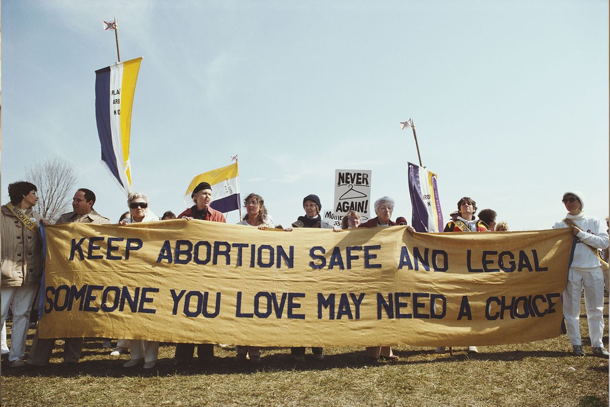 A banner reading 'Keep abortion safe and legal - someone you love may need a choice' at a National March for Women's Lives in Washington, DC, 9th March 1986. (Barbara Alper/Getty Images)