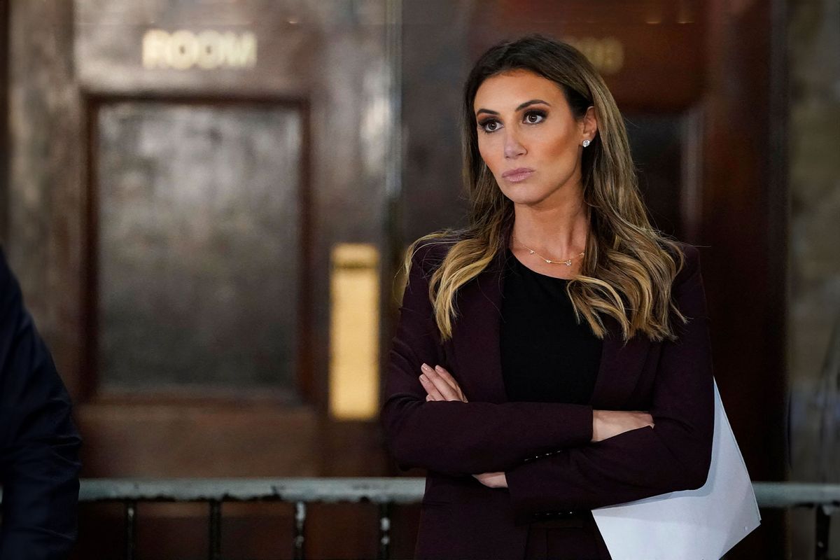 Former President Donald Trump's lawyer Alina Habba takes questions from the press during a break from court in New York on October 17, 2023. (TIMOTHY A. CLARY/AFP via Getty Images)