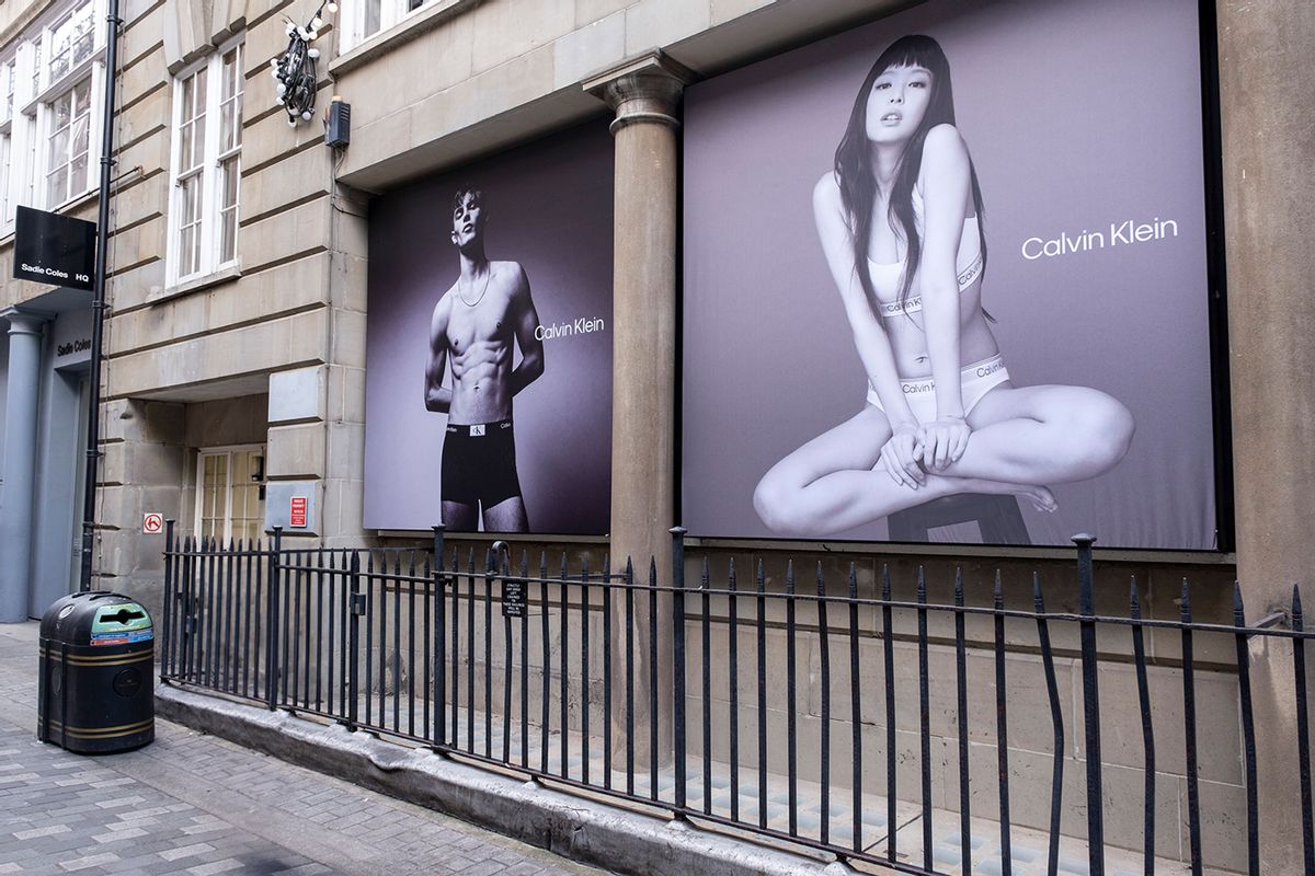 Black and white photography advertising posters for male and female Calvin Klein underwear reflects the diverse ethnic backgrounds of people in the capital on 27th March 2023 in London, United Kingdom. (Mike Kemp/In Pictures via Getty Images)