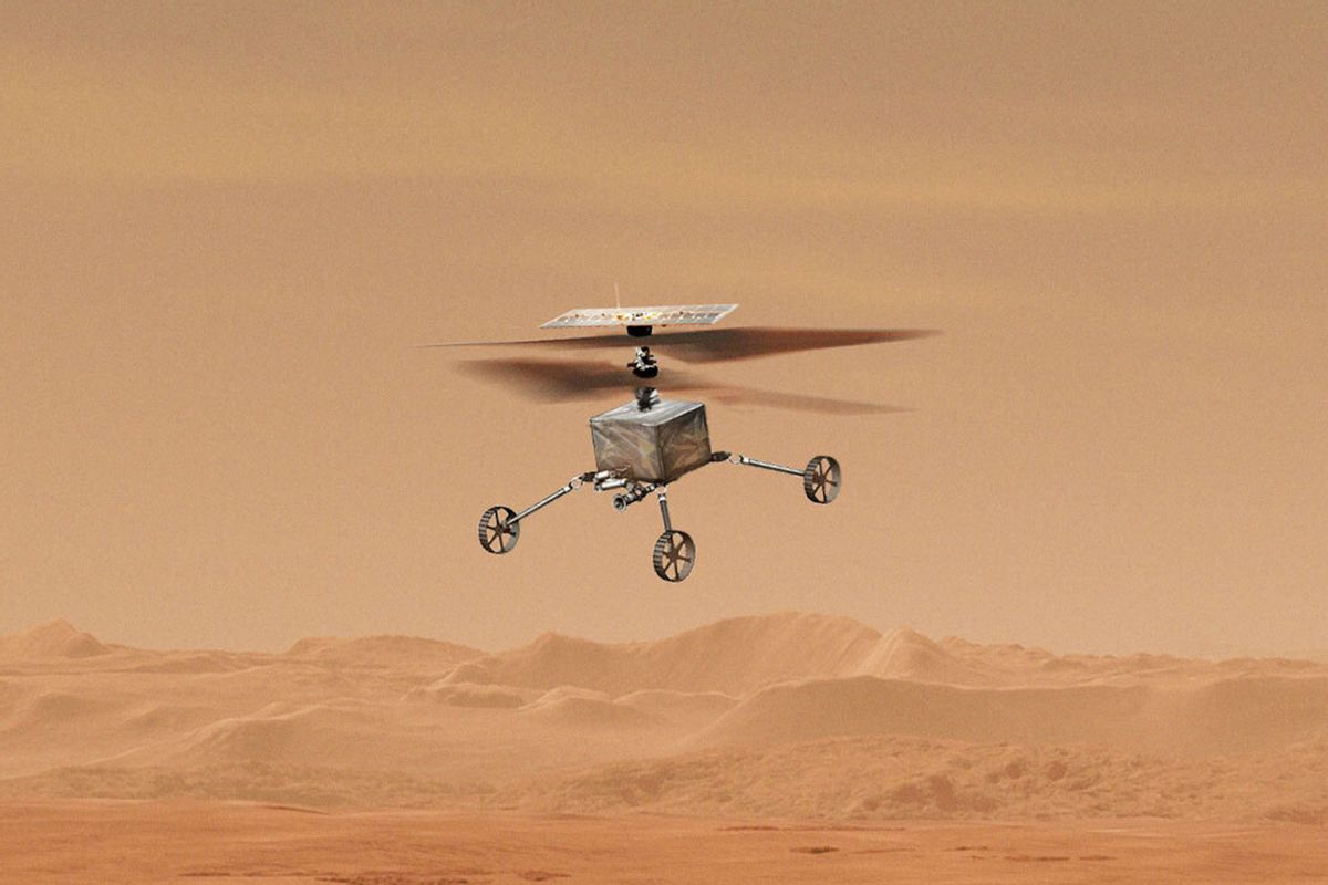 This illustration shows a concept for one of two NASA helicopters that would provide a secondary capability to pick up additional samples stashed on the surface on Mars by the Perseverance rover. (NASA/ESA/JPL-Caltech)